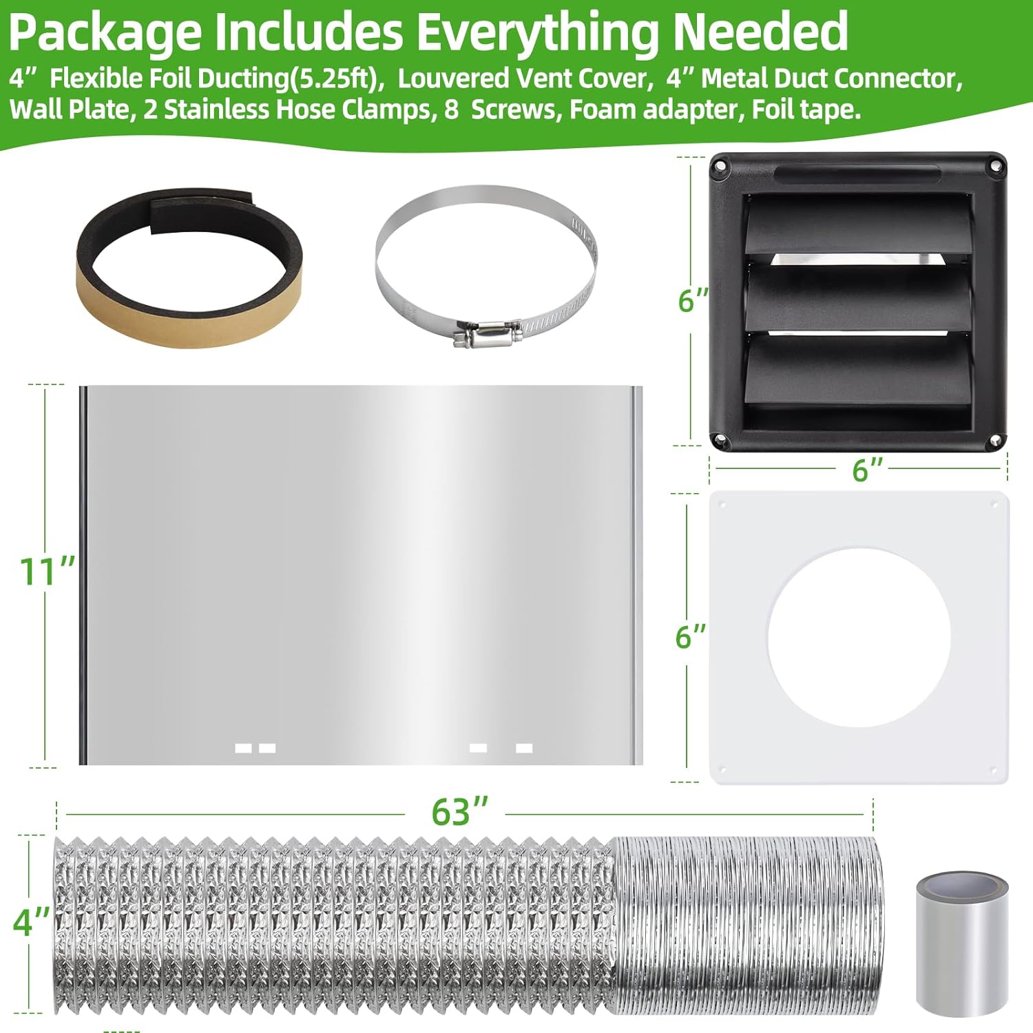 Dryer Vent Kit with Hose/Duct Connector/Wall Plate,4Inch Dryer Vent Hose Connector Wall Ducting Kit for Bathroom Ventilation Fans Exhaust,Ceiling Washer Air Circulation,Black Dryer Vent Cover Hood Kit