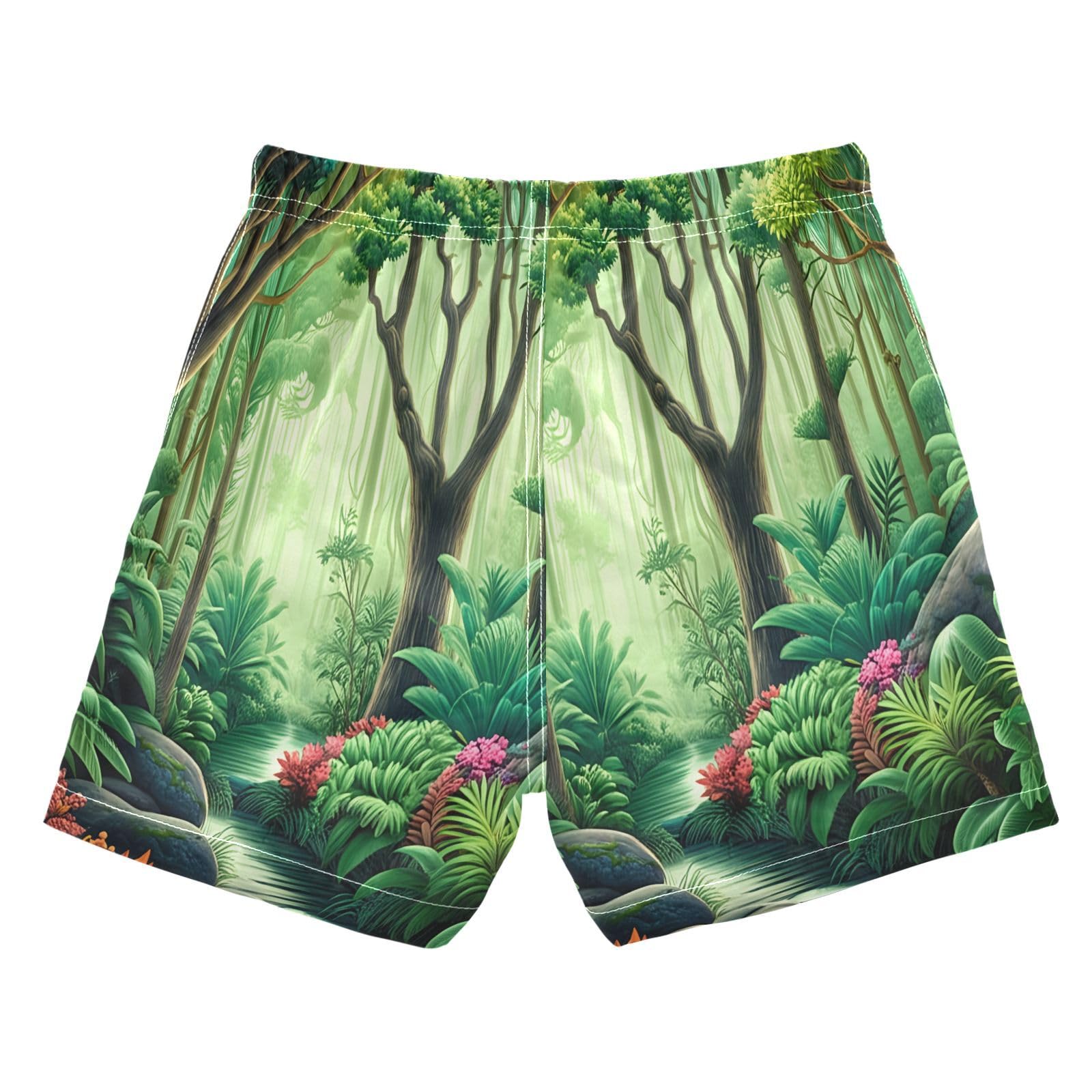 DOMIKING Jungle Stream Tropical Plants Boys Swim Shorts Quick Dry Swimsuit with Elastic Waistband for Boys Kids Adjustable Waist S