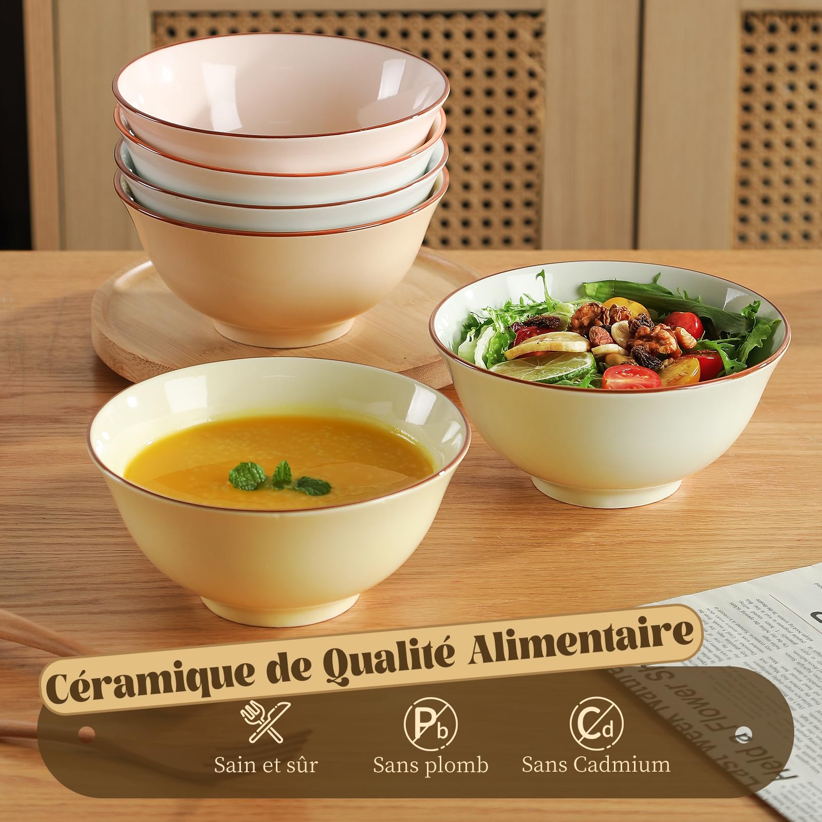 Bols à Céréales en Céramique - Lot de 6 Bols à Soupe aux Teintes Bonbon - Ensemble Bol Petit Dejeuner Couleur - Set de Bol Cereales | Salade | Riz | Ramen | Déjeuner | Nouille - 16 x 7,5 cm - 680 ml