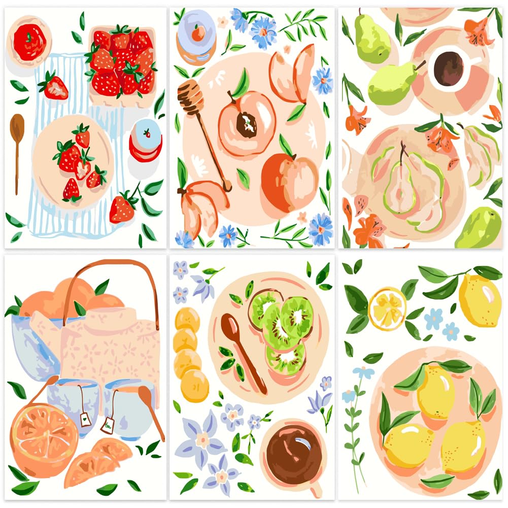 KMFASVX 6PCS Cozy Kitchen Fruit & Tea Paint by Numbers for Adults, 20x30cm Acrylic DIY Canvas Art, Pastel Food Wall Decor, Beginner Friendly Relaxing Craft & Gift