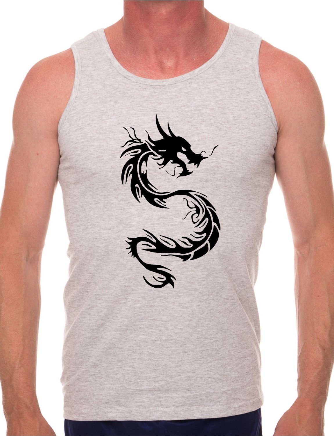 Tribal Dragon Tattoo Mens Vest Tank Gym Althetic Top Medium Sport Grey Black Text