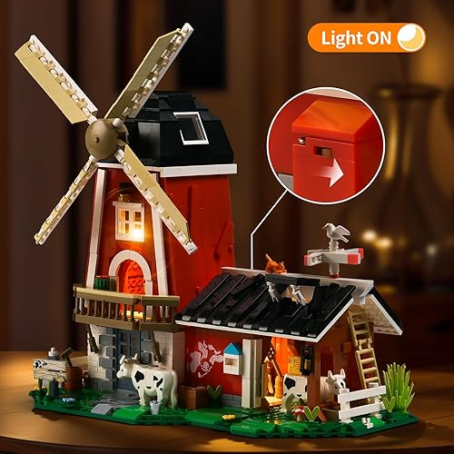 Miniatura 2 de Molino de viento de construcción de granja para adultos, bloques de modelo de casa de granja con luz y vaca, juguete de construcción, kit de