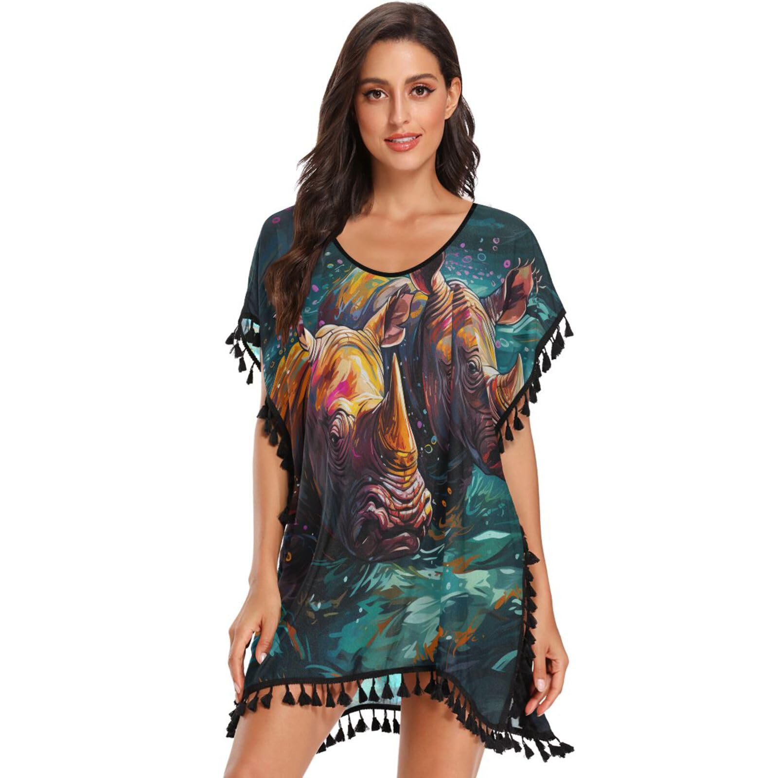 KAAVIYO Watercolor Dark Rhinoceroses Women's Beach Cover Up Chiffon Tassel Swimwear Swimsuit Coverups for Girl