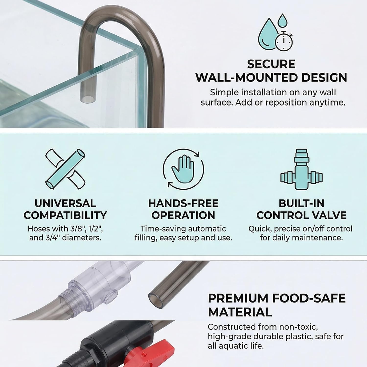 HEEPDD Aquarium Water Filler Tube, Fish Tank Hook Water Changer with On/Off Valve for 3/8, 1/2, 3/4 Inch Hose | Fish Tank Hook Water Changer,Wall Mounted, Plastic, Convenien, Premium, Easy Installation