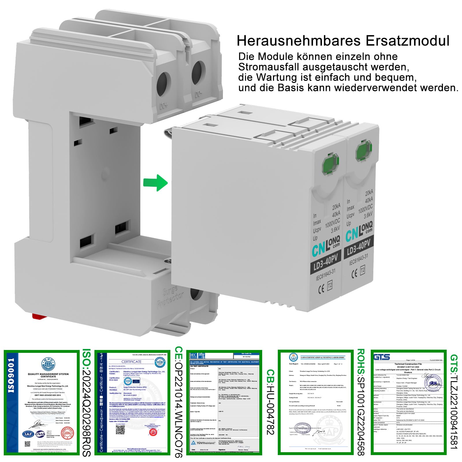 CNLONQ 2 Stück DC Überspannungsschutz PV Anlage DC1000V 2P 20kA/40kA 2P T2 Überspannungsableiter Blitzschutz Für Solar-Photovoltaik 35mm DIN-Schienenmontage