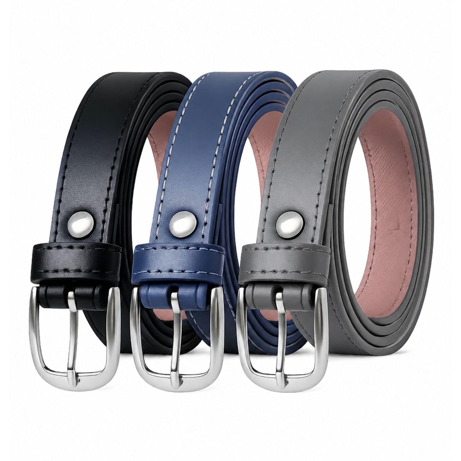 Women Slim Belt | Premium Vegan Leather Belt for Women | 2 cm Width | Silver Pin Buckle | Lightweight Casual, Formal & Office Wear Belt | 120 cm Length | Pack of 3-picture-30