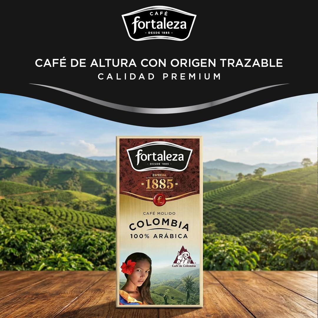 CAFÉ FORTALEZA Café Molido de Colombia 100% Arábica Pack 250g x 8 - Total 2 Kg – Café Colombiano con Suavidad y Aroma Floral - Molido con Matices Herbales - Café Suave para Cafetera Filtro o Italiana
