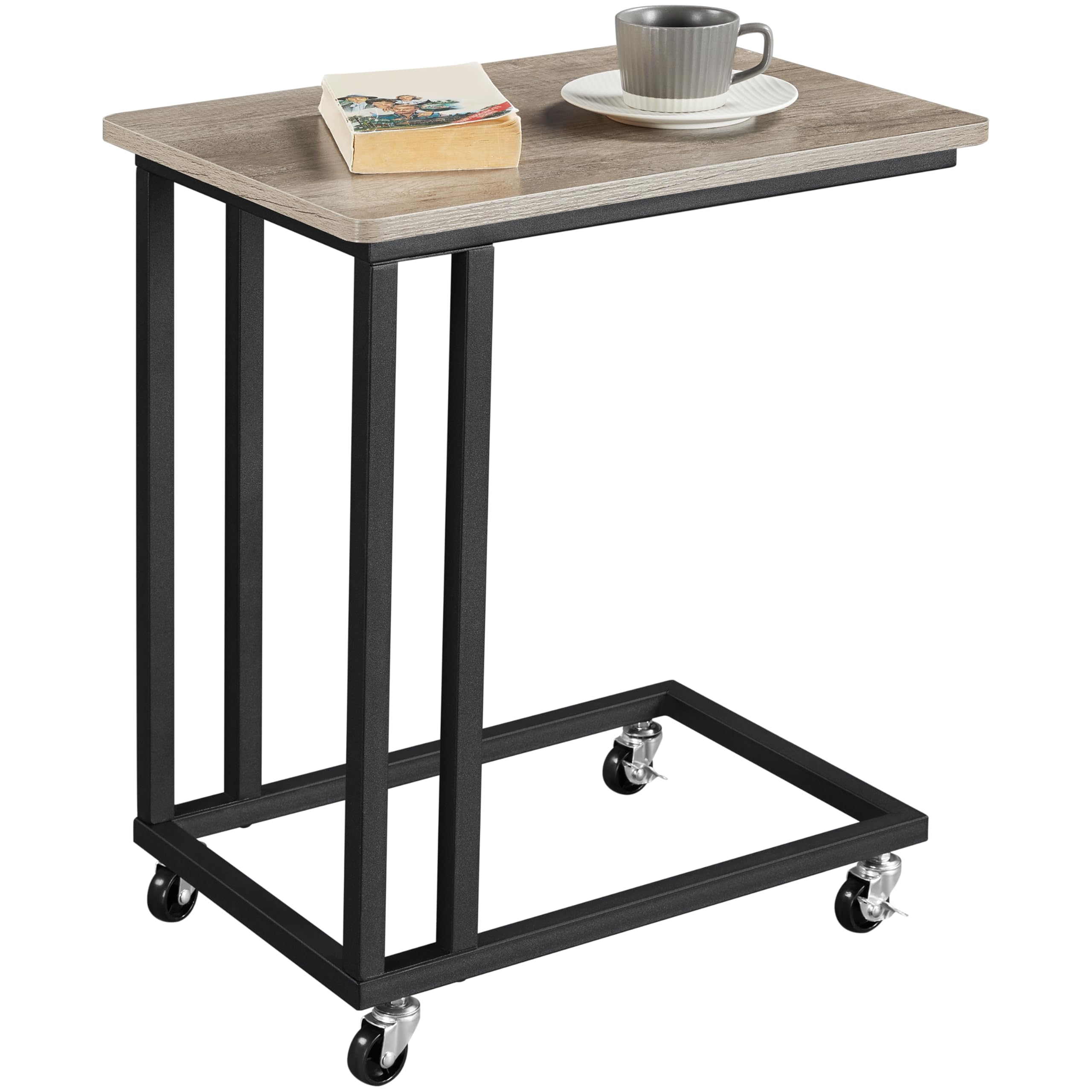 Yaheetech Side Table with Wheels and Footpads, Rolling Slim C Shaped End Table, Mobile Bedside Table for Small Space/Living Room/Bedroom, Gray and Wood Top, Slides Up to Sofa/Chair/Recliner