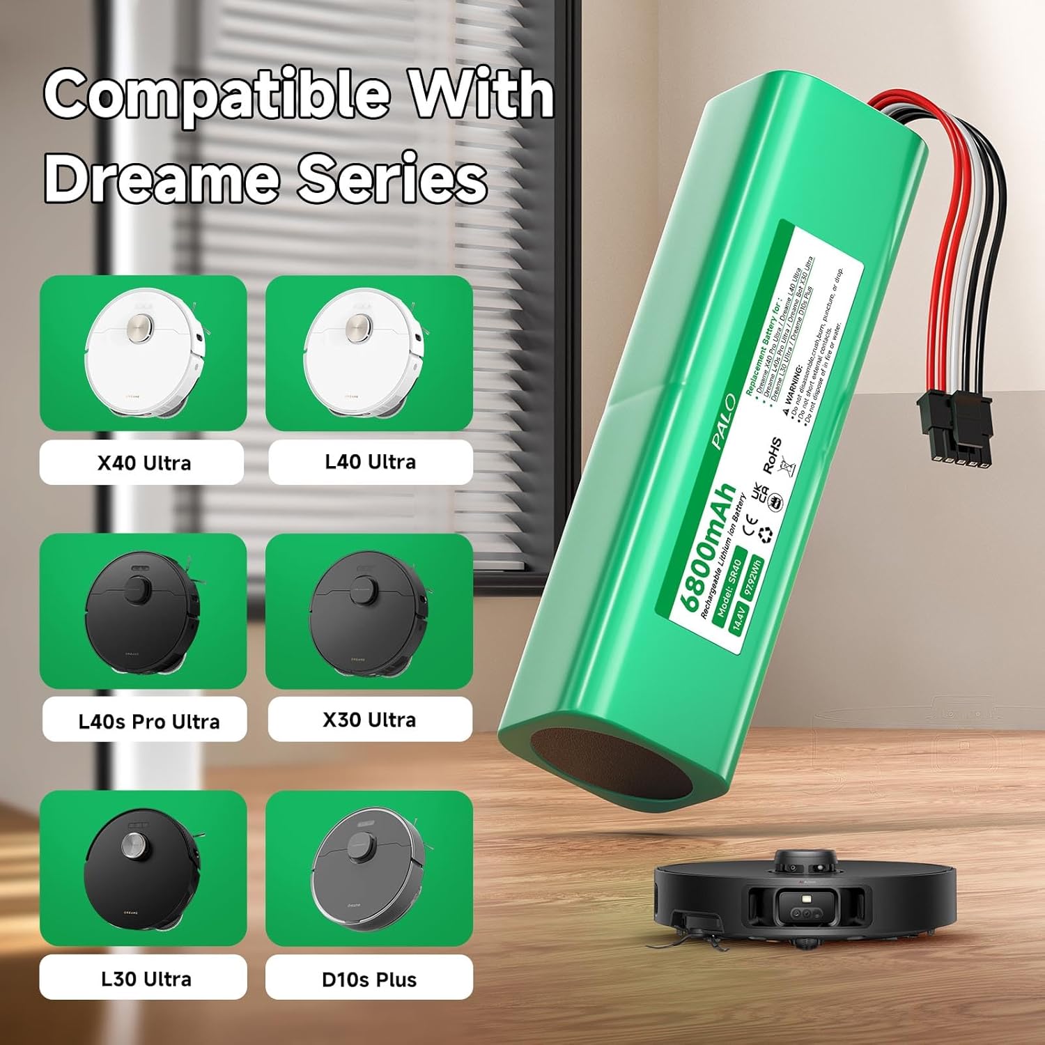6800mAh Replacement Battery for DREAME X40 Ultra, X40 Pro Ultra, L40 Pro Ultra, Bot X30 Ultra, L30 Ultra, D10s Plus Robot Vacuum Cleaner, 14.4V
