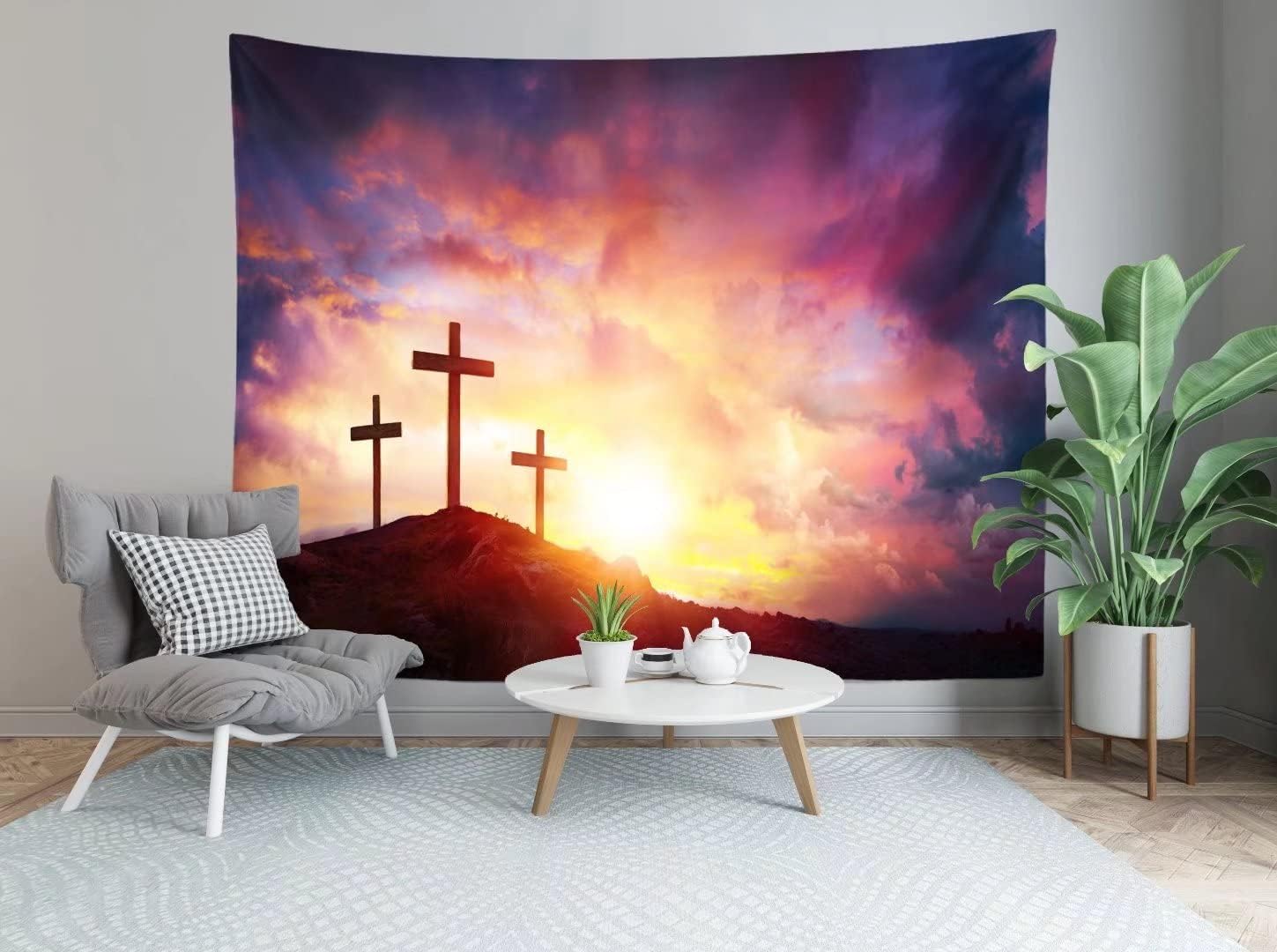 BELECO Resurrection of Jesus Tapestry Easter Backdrop Jesus Christ Cross Tapestries Mountain Tomb Three Crosses Art Wall Decor Christianity Religious Tapestry Wall Hanging for Room Decor Living Room