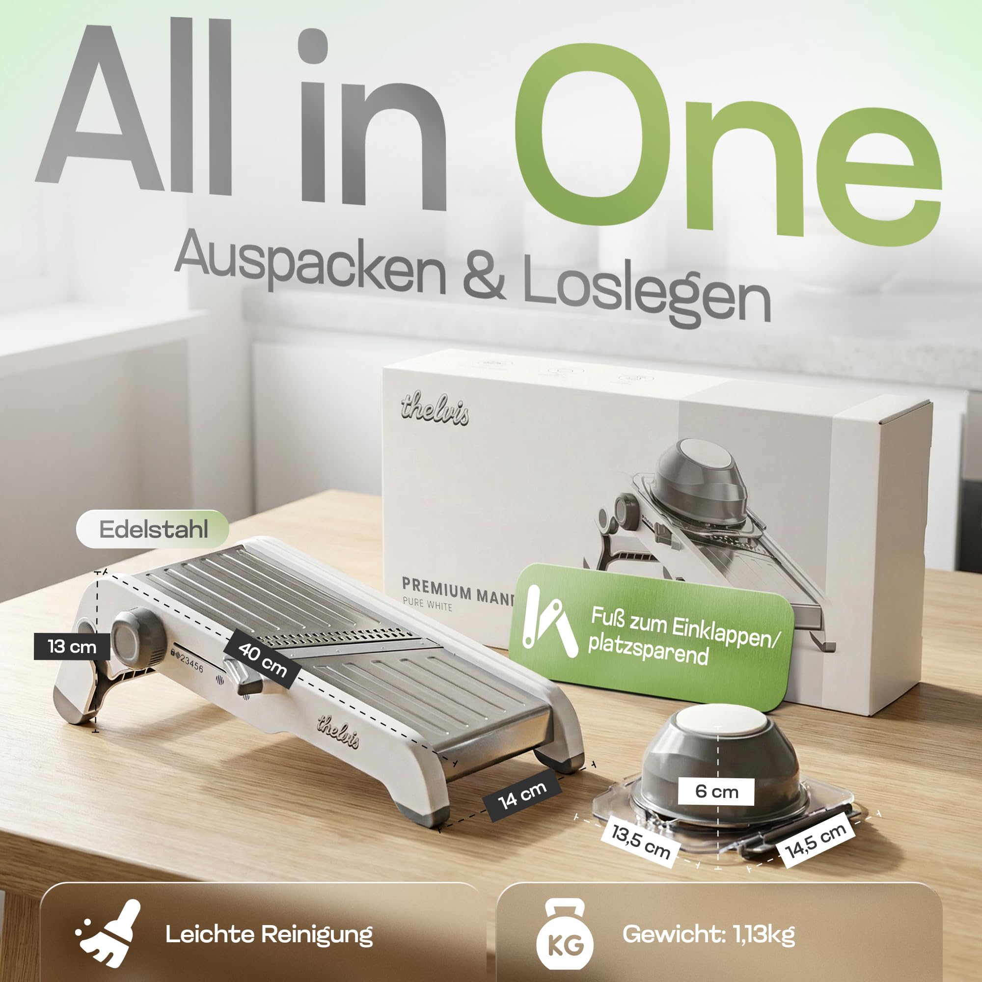 Premium Mandoline Gemüsehobel Edelstahl | kein Klingenwechsel | sicher und modern | Gemüseschneider manuell | Julienneschneider | Gurkenhobel dünne Scheiben | vegetable slicer | Küchenhobel