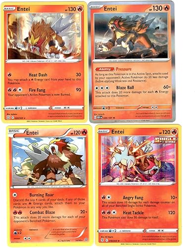 Pokemon - Lote de 4 cartas de Entei Legendary Pokemon - Holo - 030/197 - Llamas de obsidiana - 14/98 - Orígenes antiguos - Cielos evolutivos de