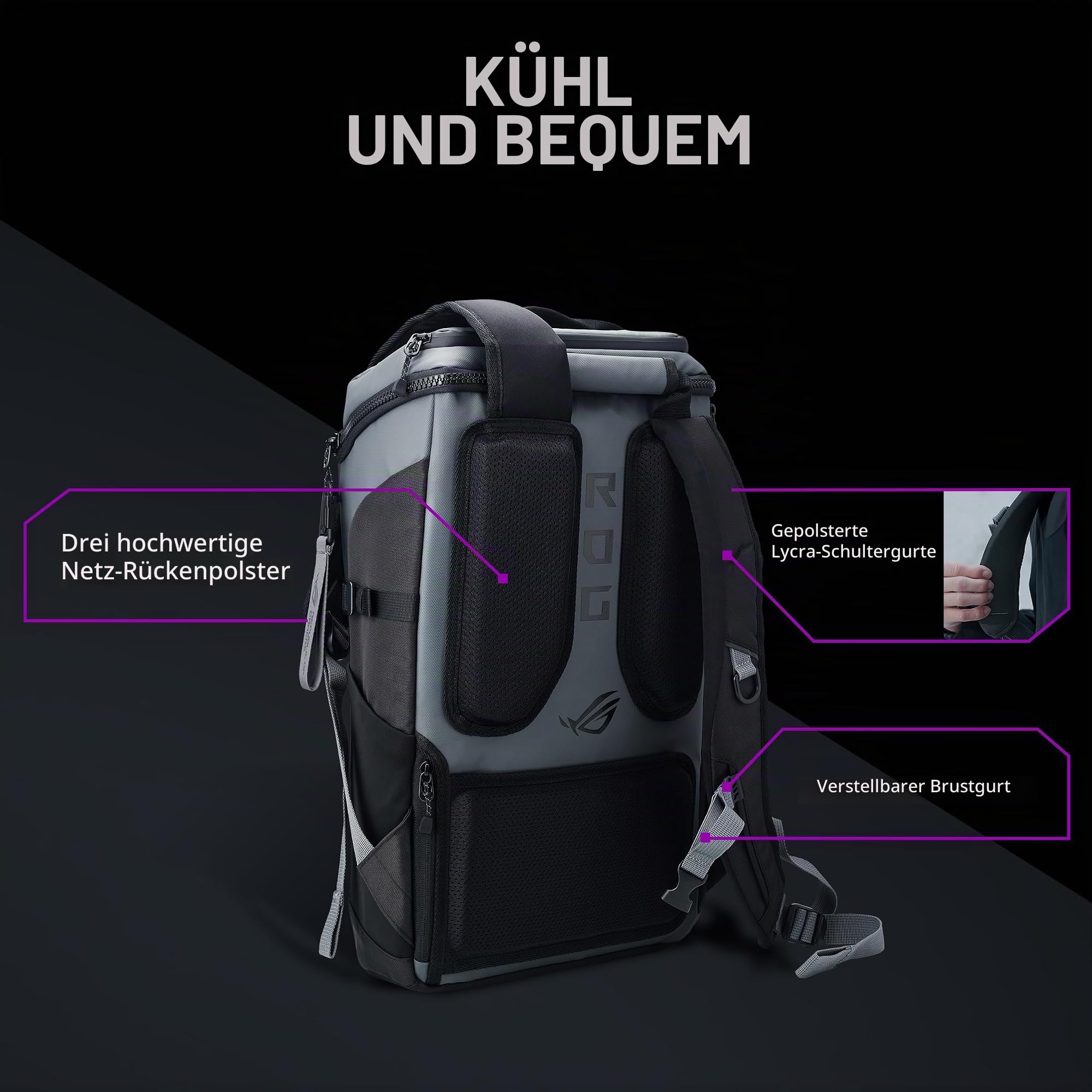 ASUS ROG Ranger Backpack BP2701 Cybertext Edition | Laptop Rucksack für Gaming Laptops bis zu 18 Zoll | 24L Volumen | wasserabweisend | robust und leicht | Cybertext Grey