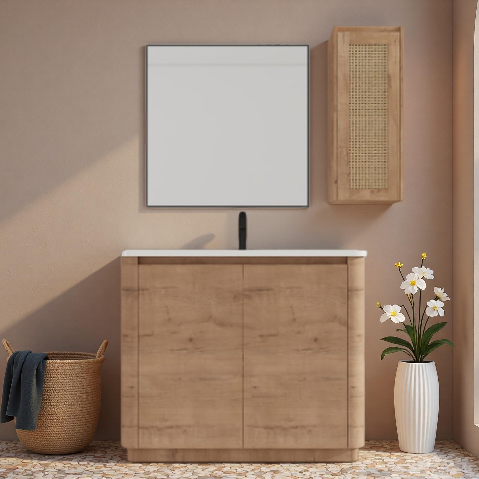 40" Bathroom Vanity with Ceramic Sink, Freestanding Bathroom Vanity with 2-Soft-Close Door &amp; Side Cabinet for Home, Farmhouse, Undermount Storage Cabinet, Easy to Clean, Imitative Oak
