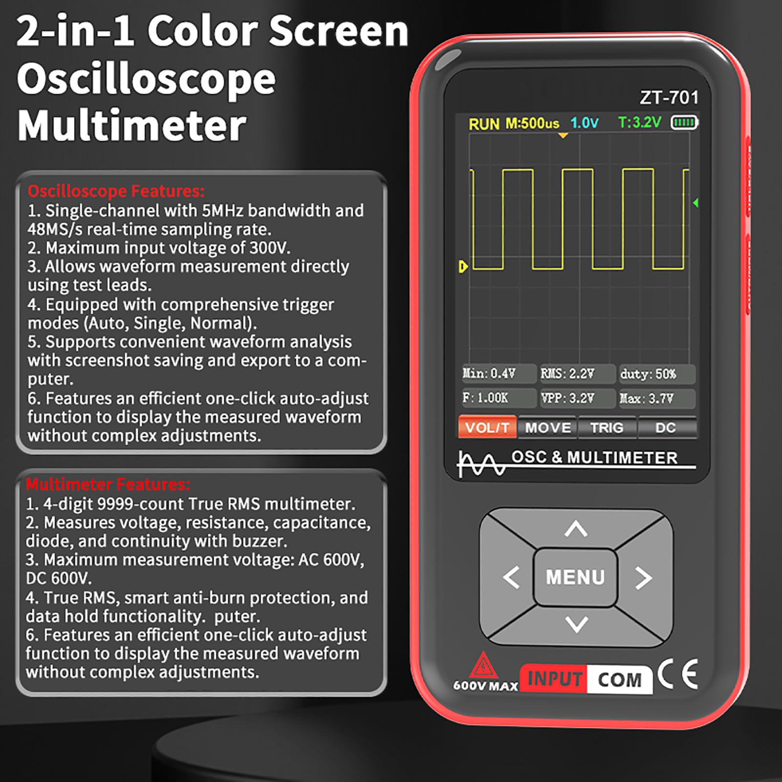 Osciloscopio Multímetro Portátil ZT-701 de 9999 Recuentos con Protección contra Quemaduras, Herramienta de Medición Digital Inteligente para Pruebas Laboratorio, Almacenamiento Datos (ZT-701)