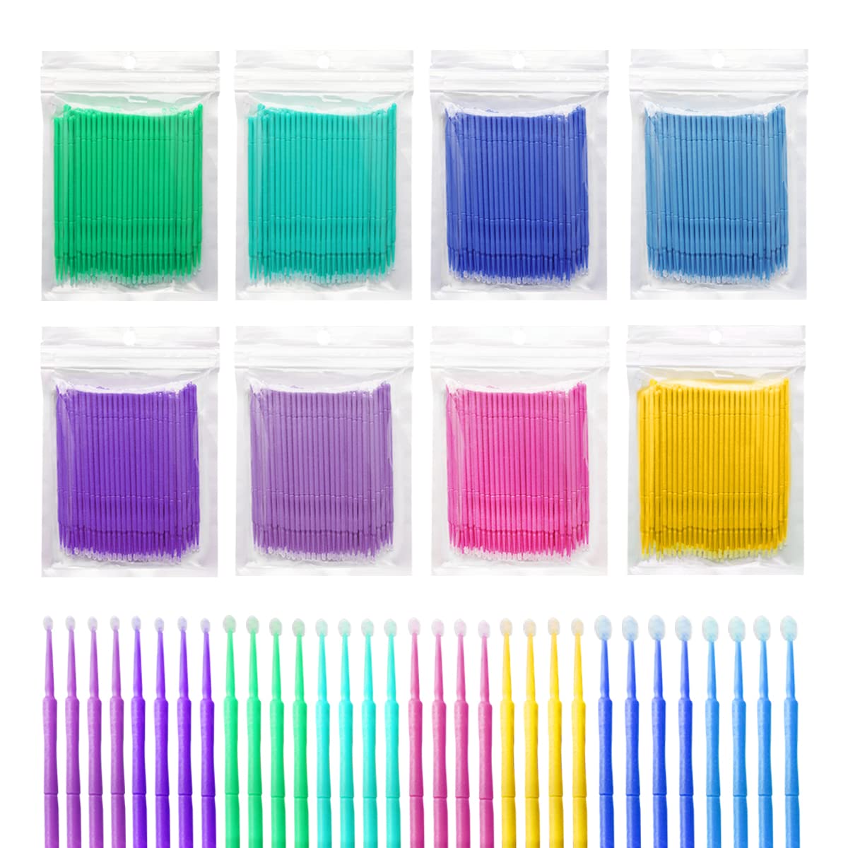 GiantGo 800Pcs Micro Applicator Brushes Micro Swabs Microfibre Brushes Eyelashes, Disposable Microbrushes Eyelash Extension Accessories, 8 Colors