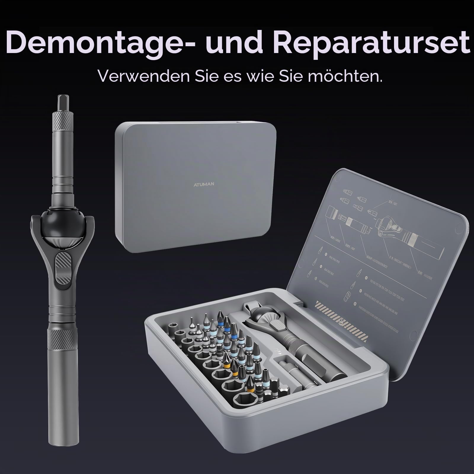 40-in-1 Magnetischer Ratschenschraubendreher-Set, Präzisions-Reparaturwerkzeug-Set mit 180°-Kugelgelenkgriff, S2-Bits für Elektronik, Saker-Werkzeug für Telefonuhr, Kamera, Fahrrad