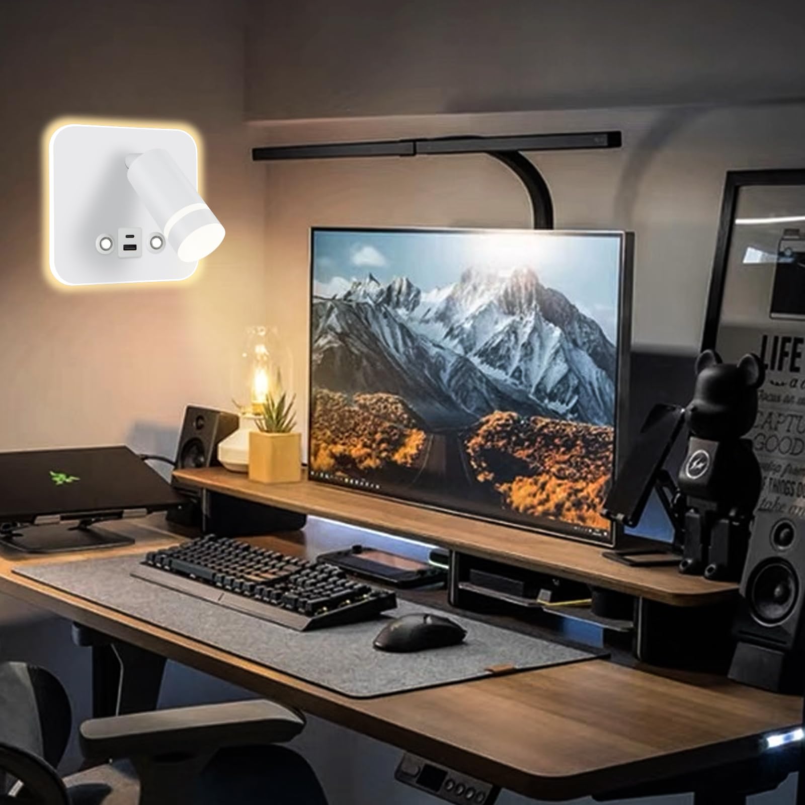 HUIZHOU Lampe de Lecture Murale LED Tactile, Carré Blanc | 3 Températures de Couleur, 12W, Port de Charge USB, Pivotant 350°