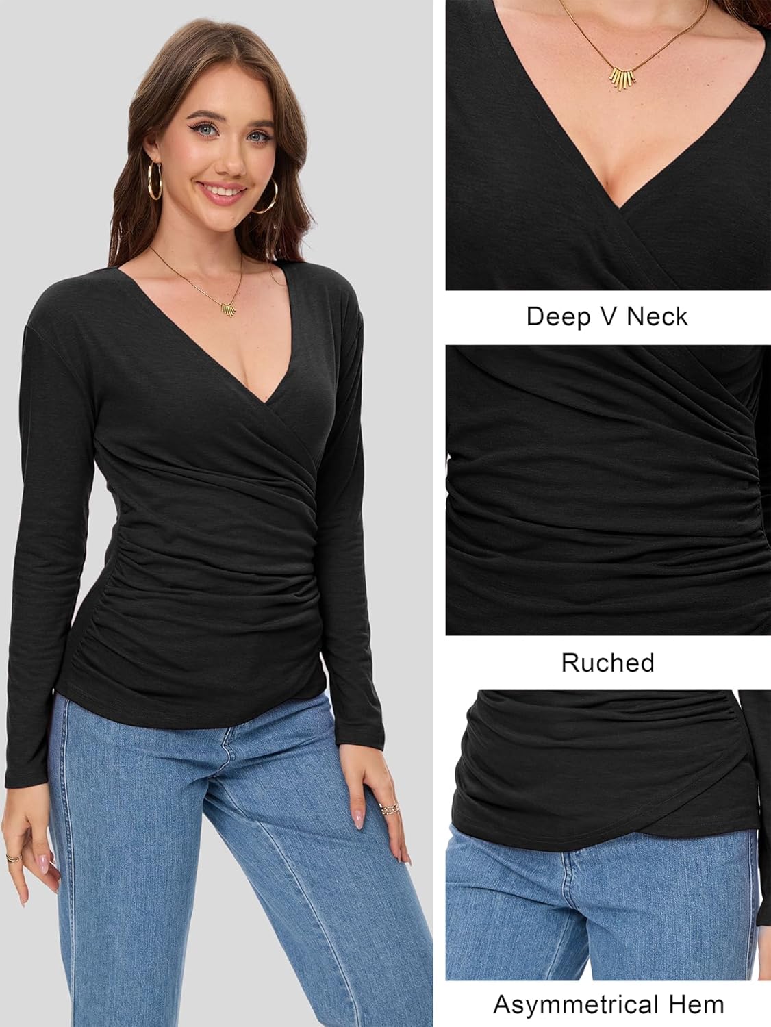 Women's Deep V Neck Cross Wrap Top, Long Sleeve Trendy Fall Ruched Asymmetricl Slim Fit Dressy Blouse Black - Image 5