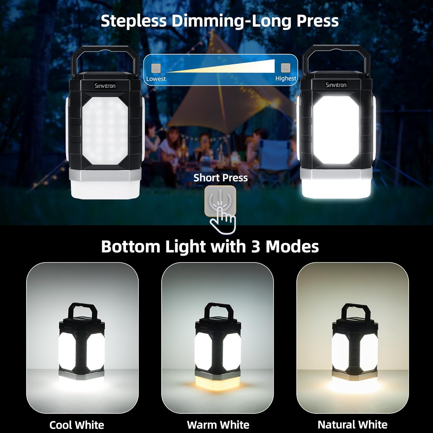 Sinvitron Camping Lantern Rechargeable–30,000mAh Portable Camping Lights, QC3.0 Fast Charging,1000 Lumens,350H Runtime,IPX5 Waterproof Emergency Light for Hurricanes,Power Outages,Camping