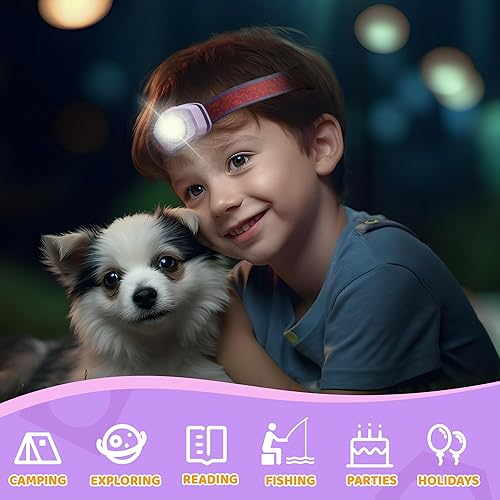 Miniatura 7 de EverBrite Linterna frontal LED recargable para niños con modo RGB y diadema ajustable, 3 modos multicolor para niños, lámpara de cabeza para niños,