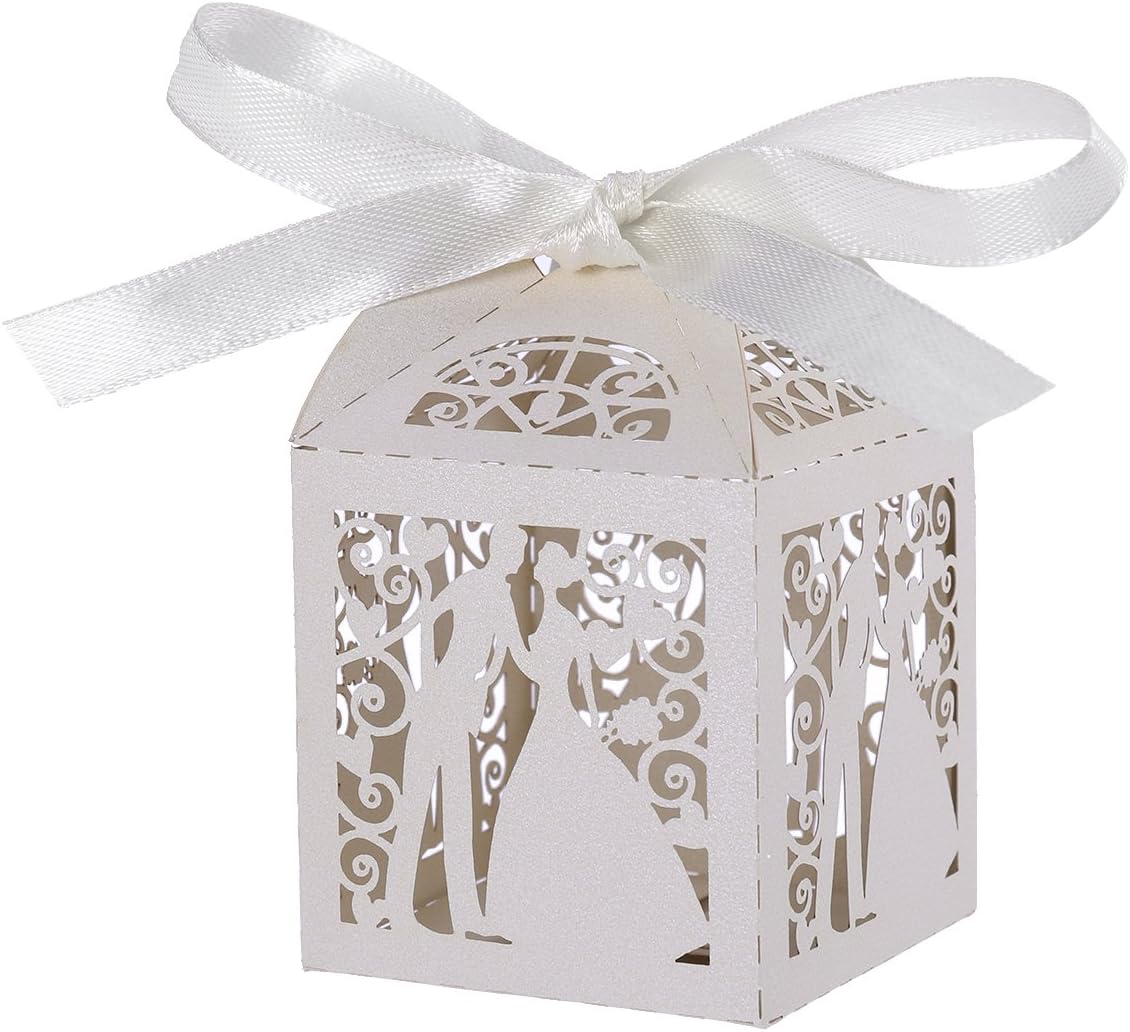 TINKSKY100pcs Couple Design Luxury Lase Cut Party Wedding Favor Ribbon Candy Boxes Gift Box Table Decorations (White)