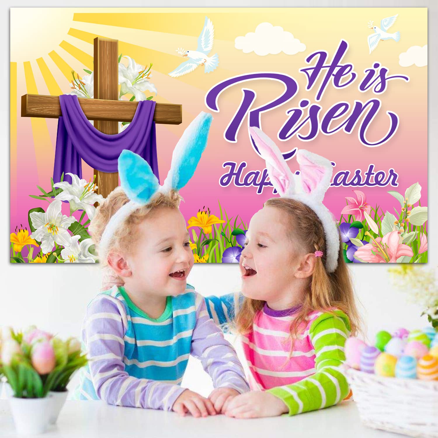 WANDIC Banner HAPPY EASTER 300x50 Cm In Poliestere Con Coniglietti E Uova – Decorazione Per Interni/Esterni, Festa Pasquale