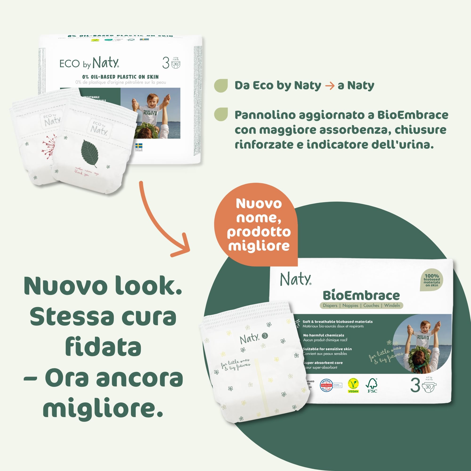 Naty BioEmbrace Pannolini per Bambini Taglia 3 (4–9 kg) | 100% a base vegetale sulla Pelle | Morbidezza vegetale, Dermatologicamente Testati, Super Assorbenti| 100 Pezzi