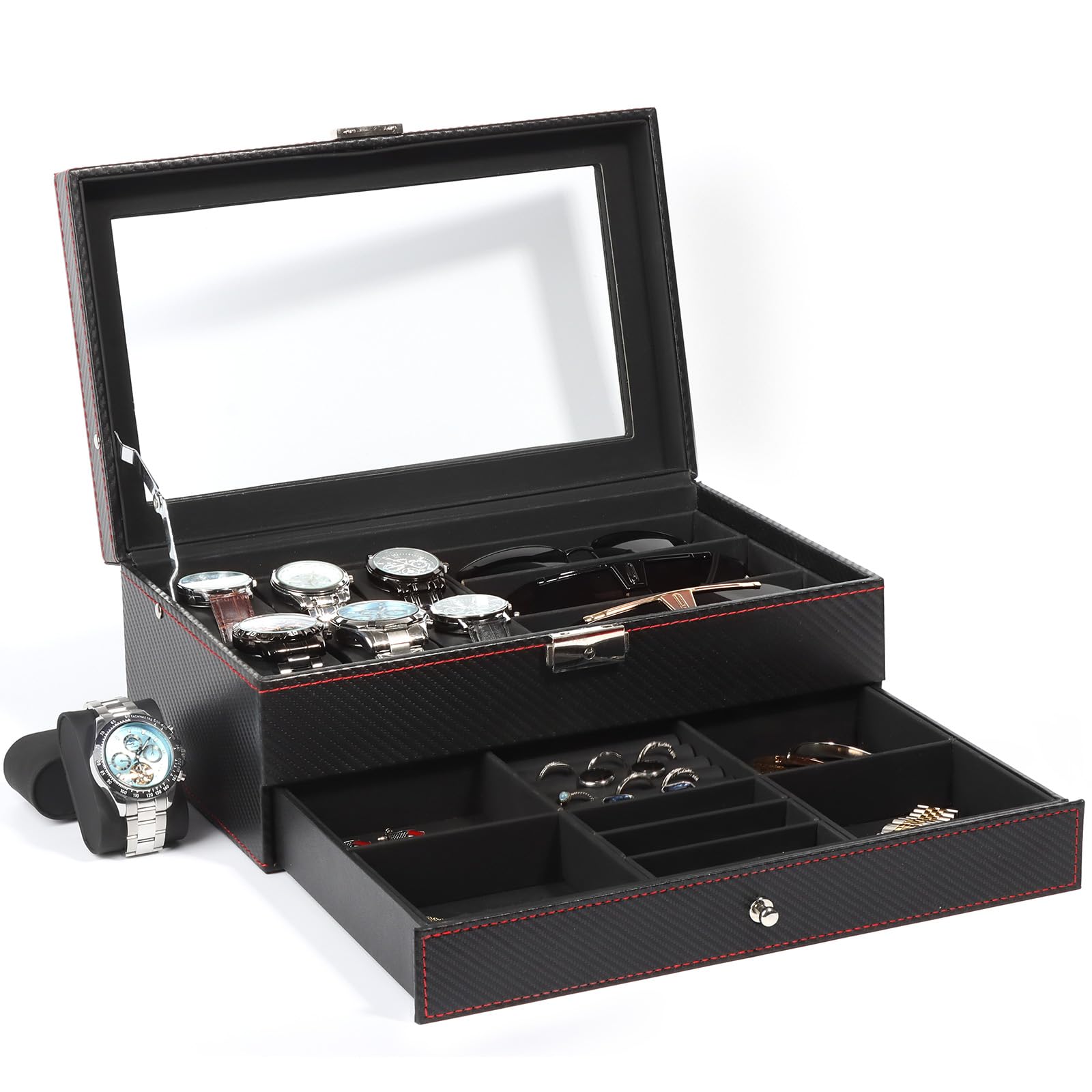 Scatola per orologi e occhiali da uomo con coperchio in vetro, 6 scomparti, 2 livelli, astuccio con serratura, organizer e idea regalo – Nero