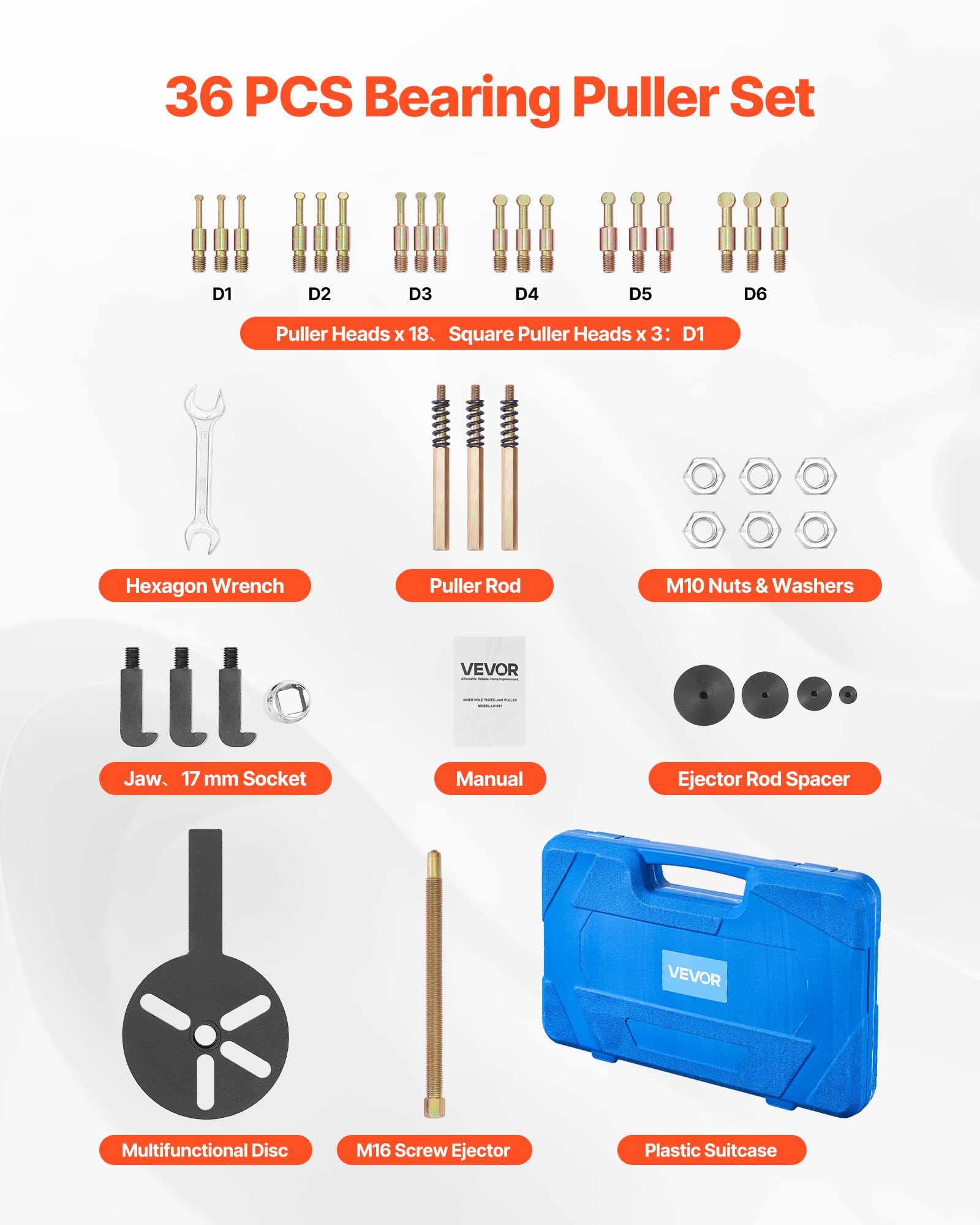VEVOR Juego de Extractores Multifuncional de Rodamientos 36 en 1 para Rodamientos Internos y Externos, con Estuche Portátil Resistente y Resorte y un Vaso de 17 mm, 400 x 255 x 55 mm, Marrón