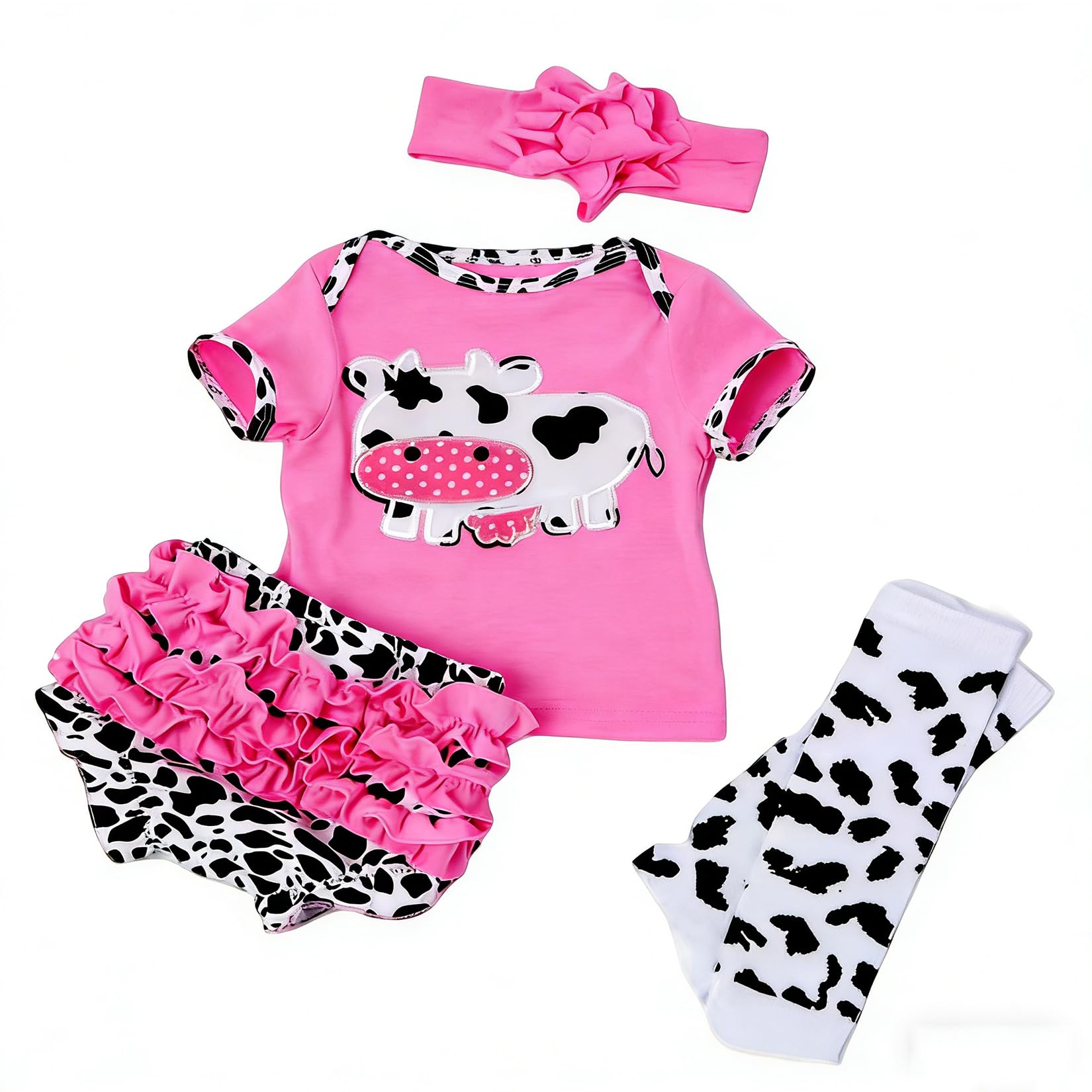 WEQNT Reborn Baby Doll Clothes Set, Pink Cow Theme with Ruffled Bloomers, Leg Warmers and Headband, 4 Piece Outfit for 50-55 cm Dolls