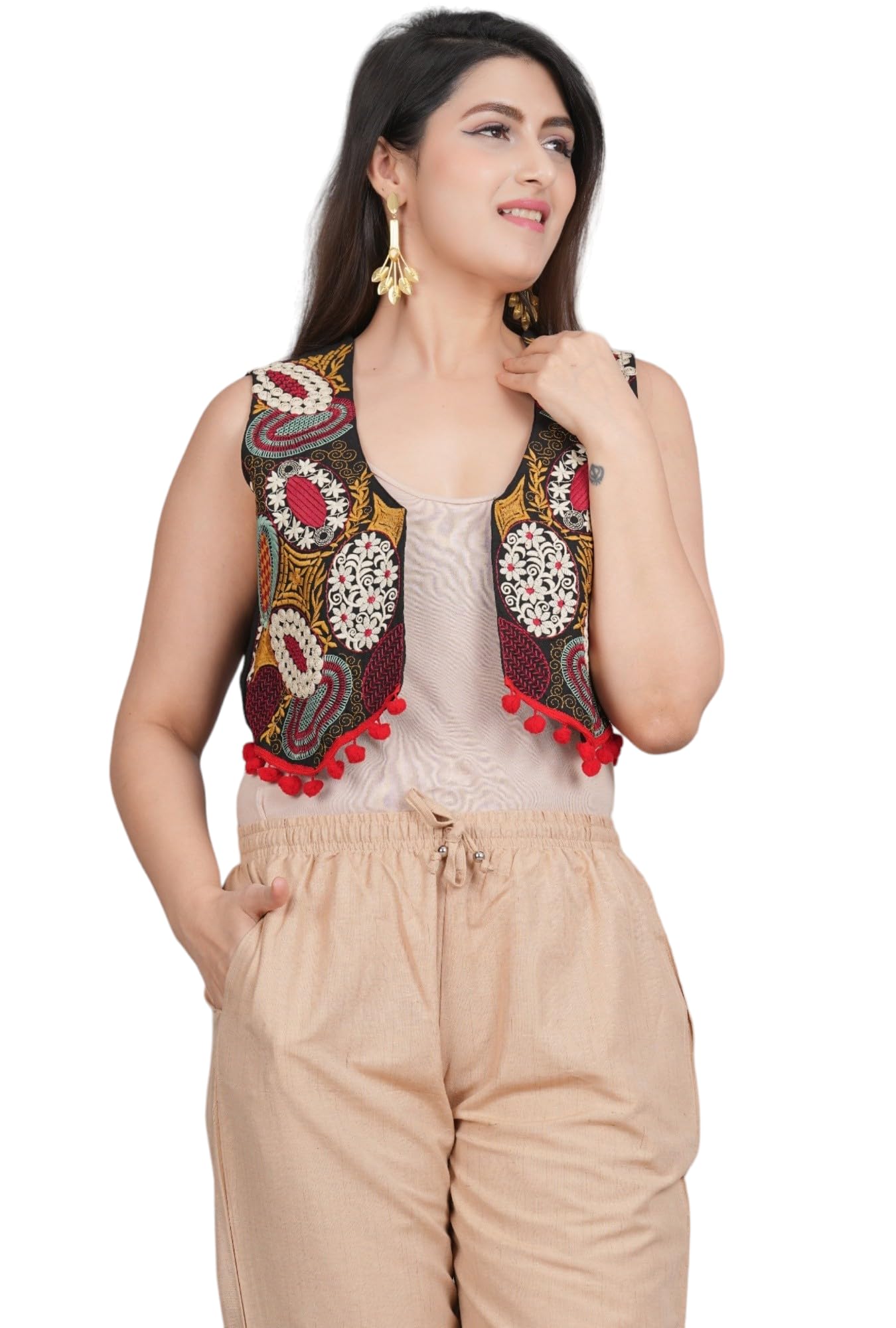 odhan Women's Embroidered Sleeveless Jacket, Black, Open Front Ethnic Waistcoat with Red Pom-Pom Trim-picture-14