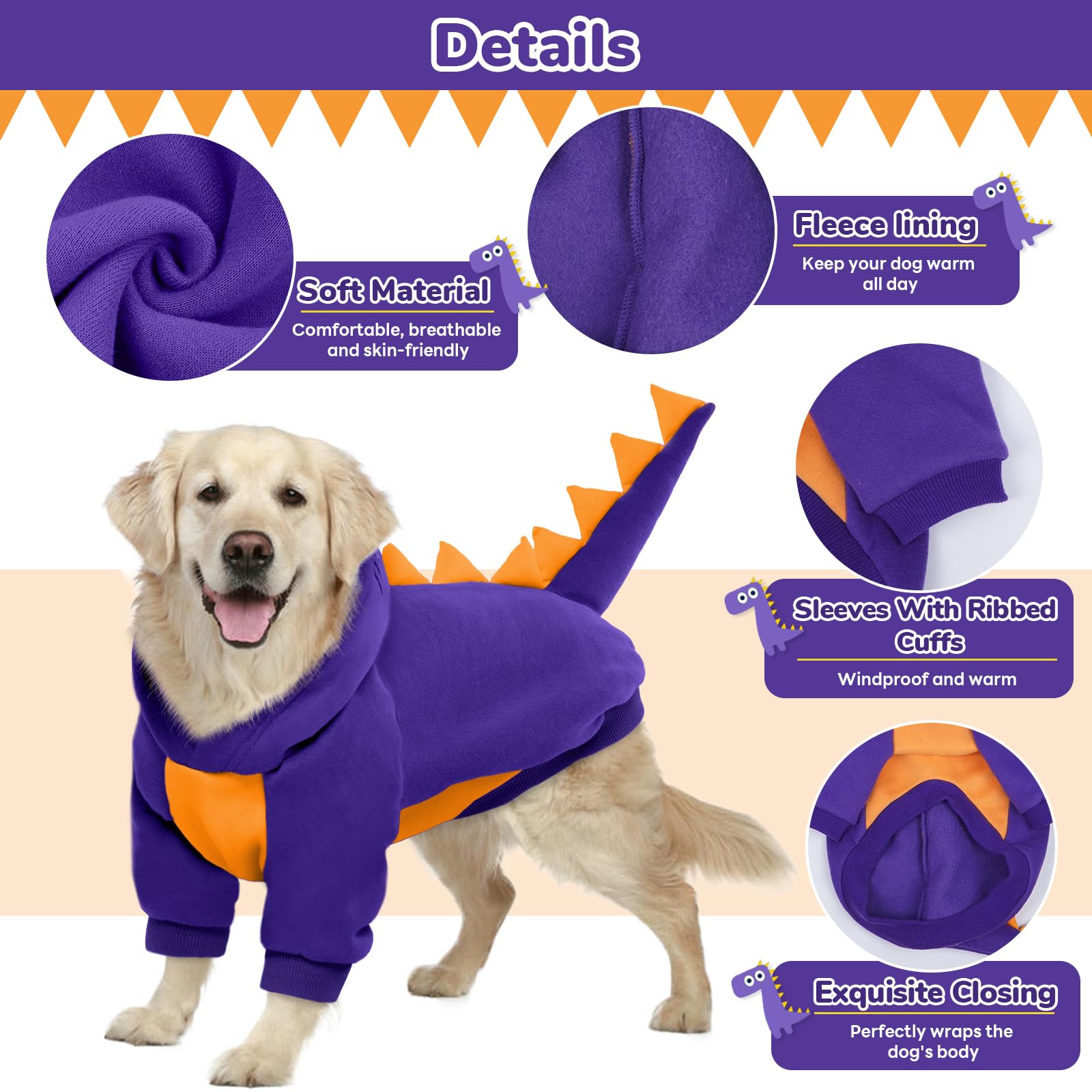 Lelepet Halloween Dog Dinosaur Costume, Warm Fleece Hoodie for Large Dogs Winter Pet Sweatshirt - Image 4