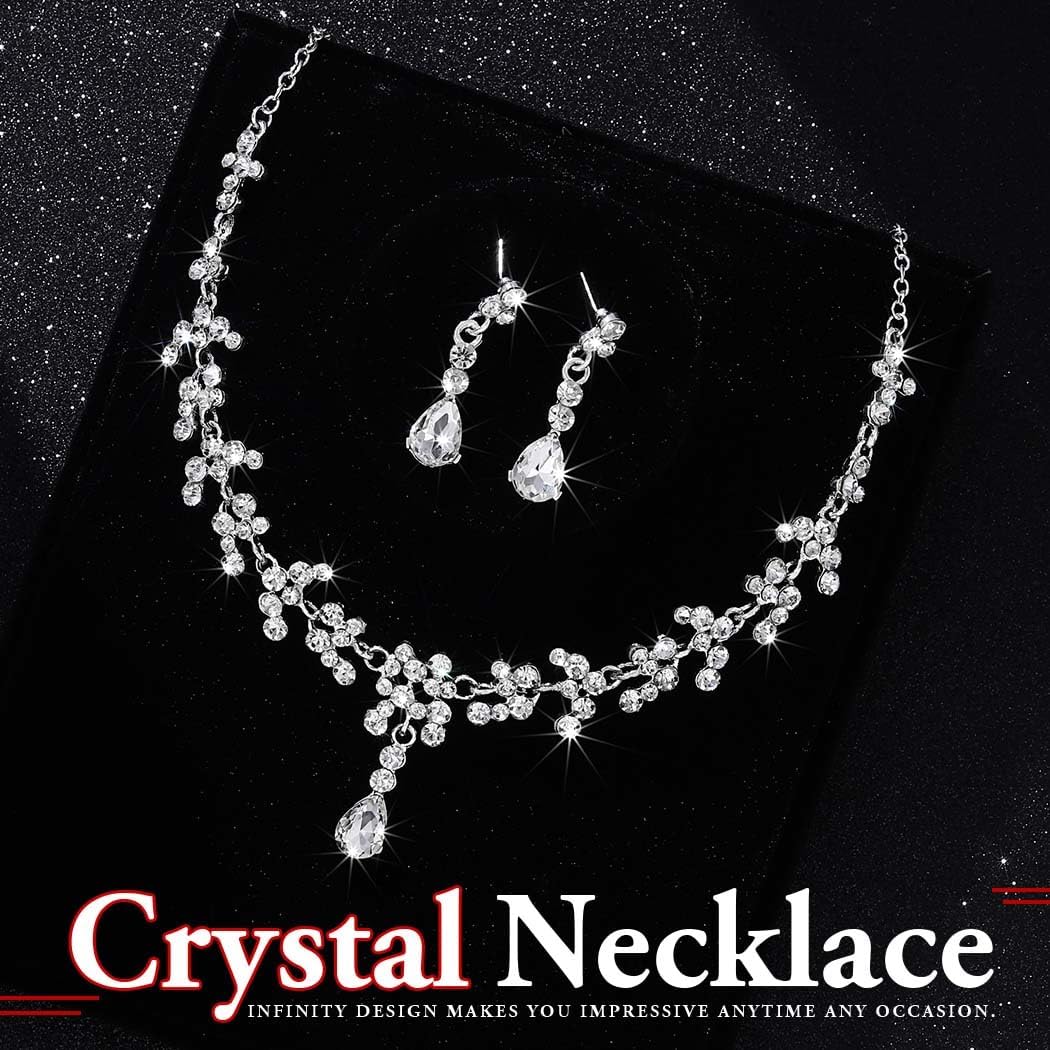 Sixexey Silver Wedding Jewelry Set Rhinestone Bridal Necklace Earrings Prom Costume Neck Jewelry for Women - Image 3