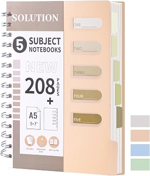 Small 5 Subject Spiral Notebook College Ruled with Divider & Tab,5x7,Orange