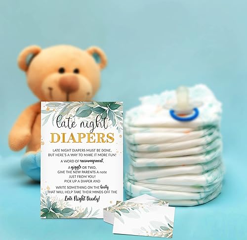 Miniatura 4 de Letrero de pañales de noche, tarjetas de notas verdes, pensamientos de pañales, pañal nocturno (1 letrero de pie + 20 tarjetas de felicitación en