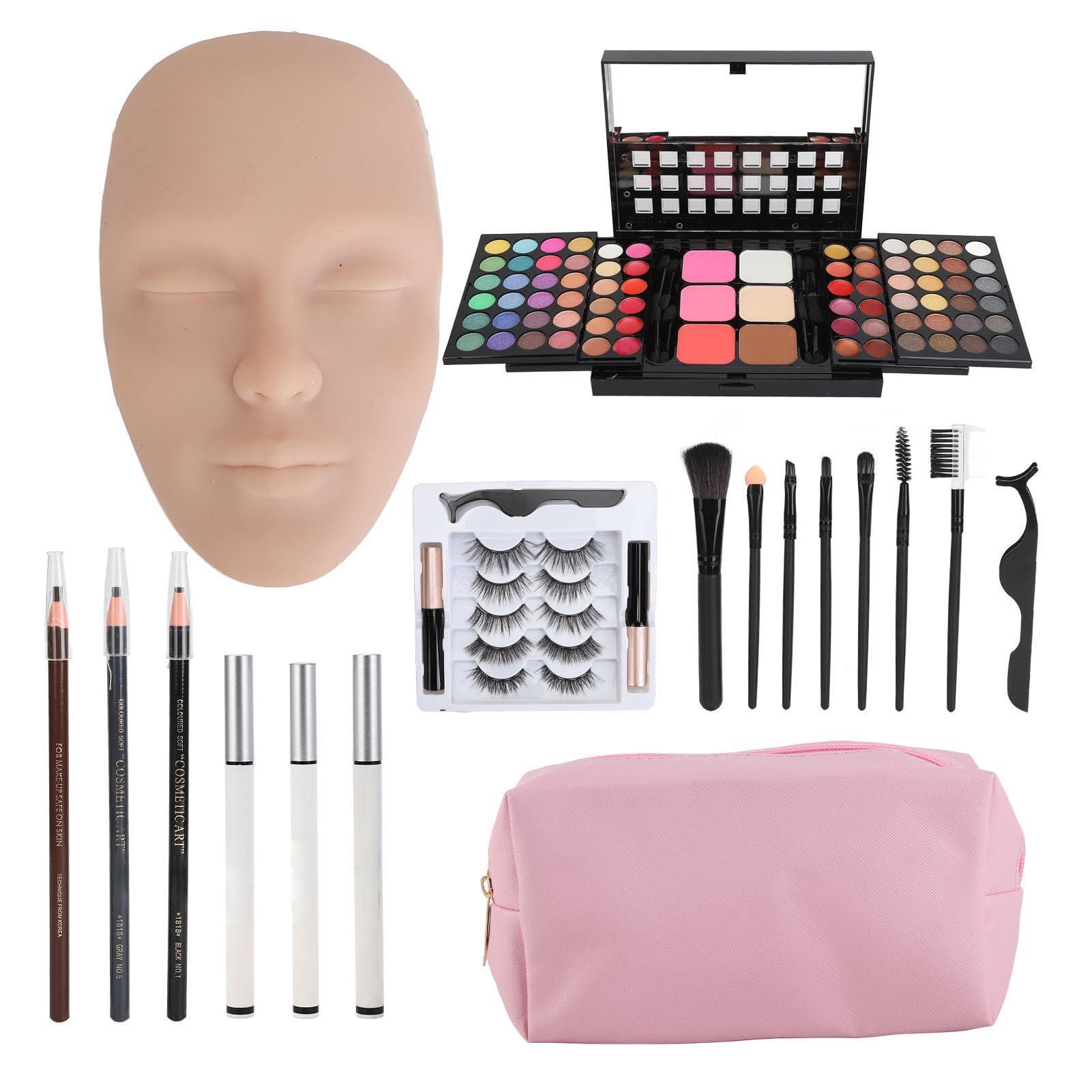 Pongnas Kit per Pratica Viso Manichino Trucco 3D Silicone Professionale per Principianti Allenamento Trucco Viso Occhi Tavolozza Pennelli Ciglia Finte Eyeliner Matite per (Colore della pelle medio)