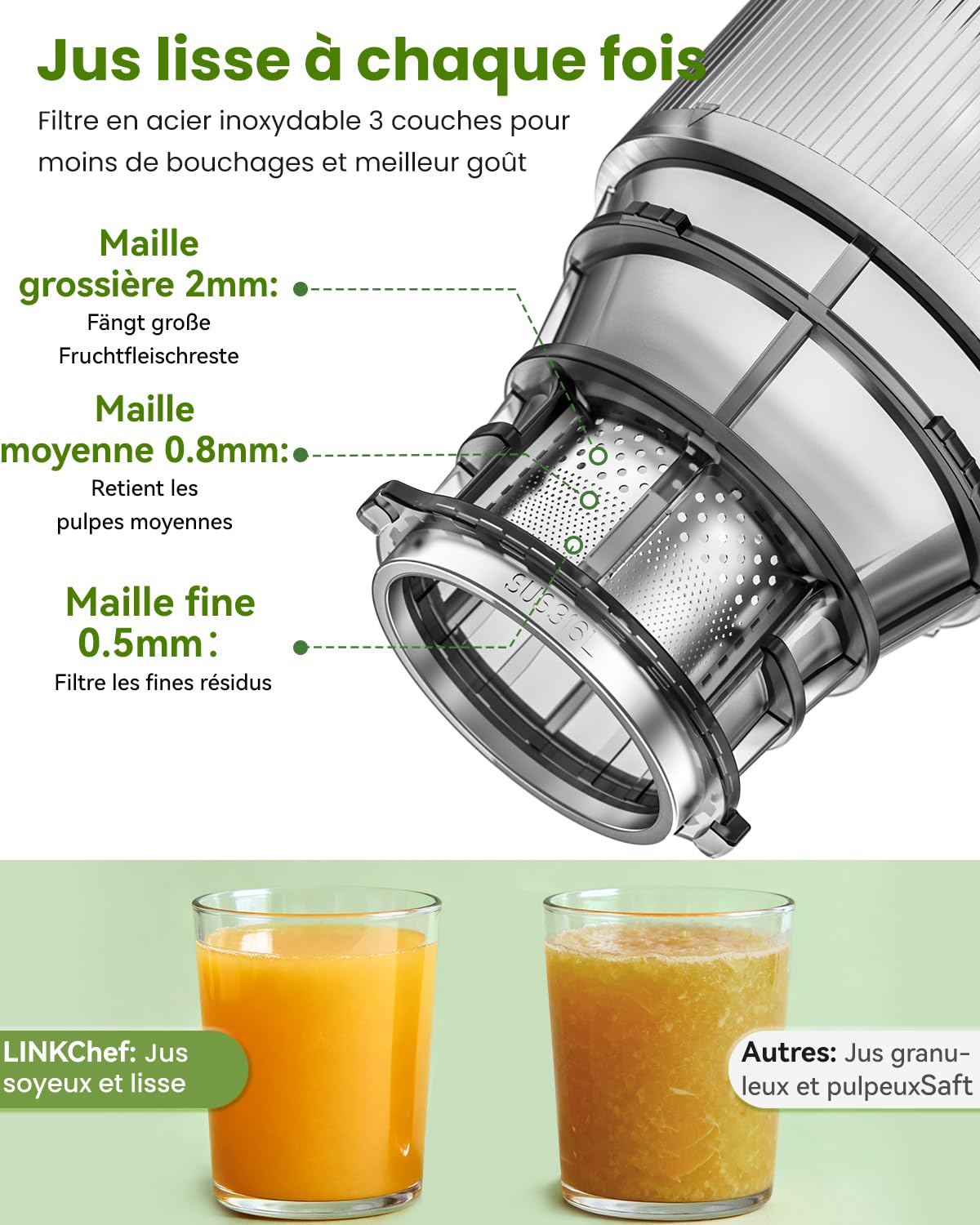 LINKChef Extracteur de Jus Lent à Froid, Ouverture 130 mm, Extracteur de Jus de Fruits et Légumes, Capacité 1,8 L, 250W Slow Juicer Machine avec fonction inversion, facile à nettoyer, Sans BPA
