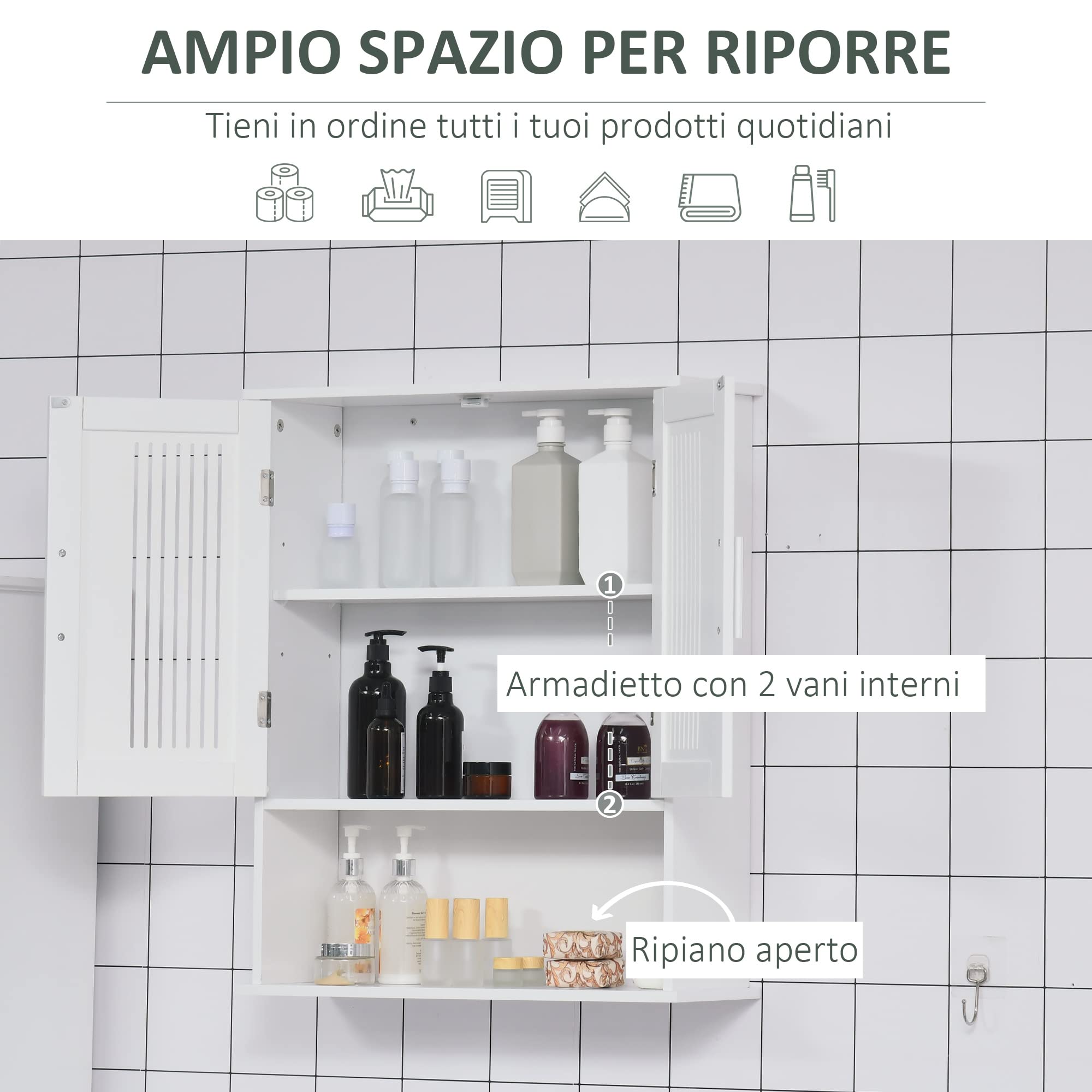 kleankin Mobiletto da Bagno a Muro, Mobiletto Multiuso Salvaspazio con Armadietto a 2 Ante e Ripiano Inferiore Bianco, 60x20x70cm