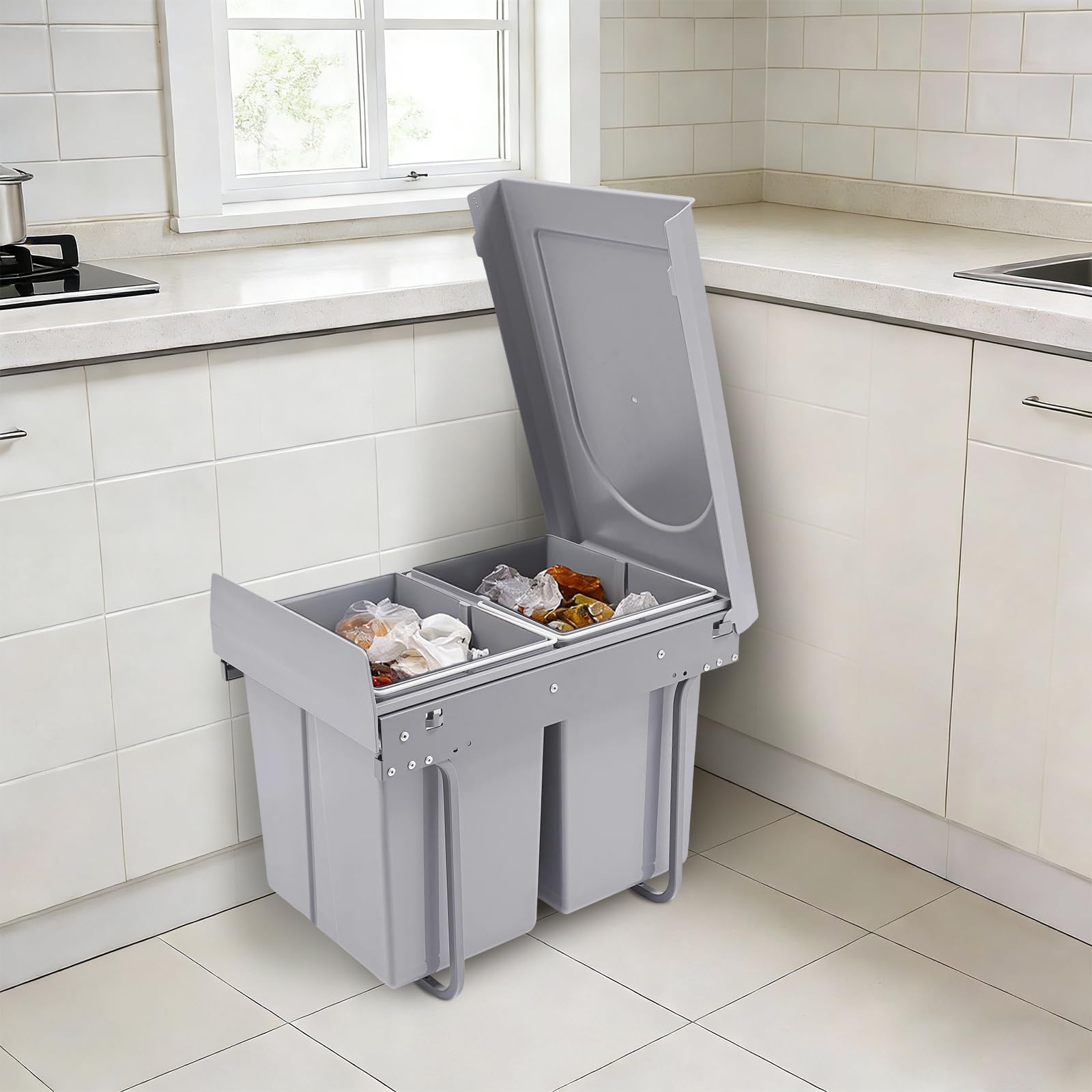 Cubo de basura de cocina, basura de clasificación selectiva, basura, 2 cubos de 20 L, riel deslizante silencioso, mango práctico, deslizante, ahorro de espacio debajo de muebles, cocina para casa