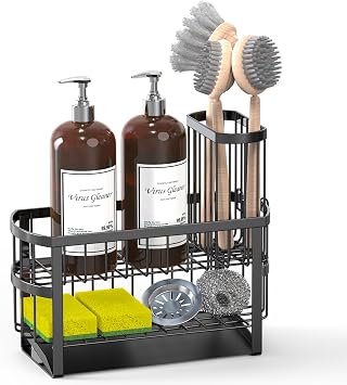 Kitchen Sink Organizer Caddy, 2 Tier Sink Caddy Organizer with High Brush Holder, Rust-Proof Countertop Rack Black 10.6 * 4.3 * 5.7" for Kitchen Accessories & Dish Brushes