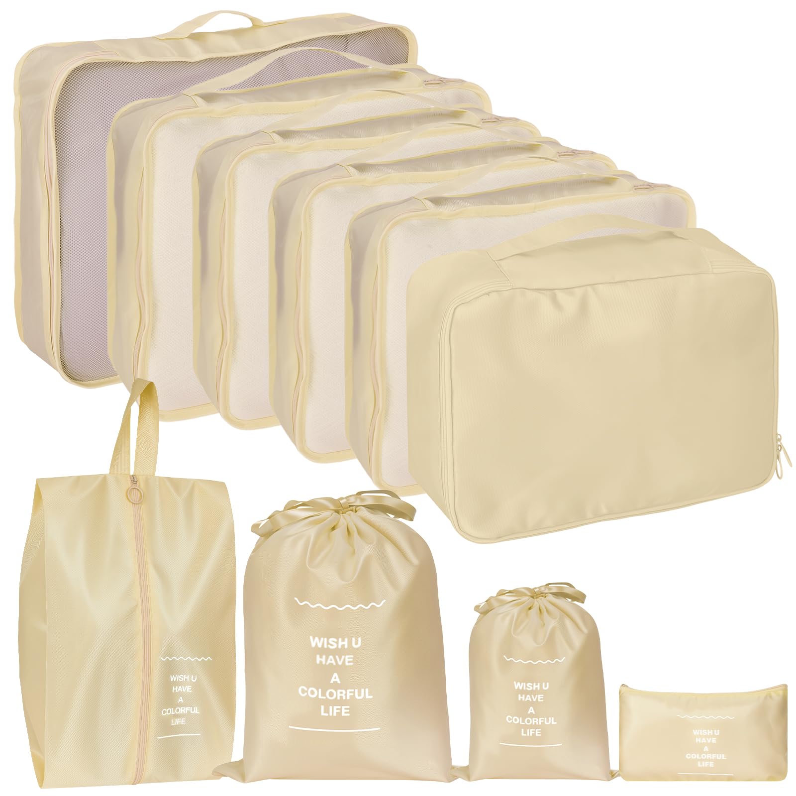 Zorplex Set di Organizer per Valigia, 10 Pezzi, Packing Cubes Salvaspazio per Abbigliamento, Cosmetici, Scarpe e Accessori da Viaggio (Beige)