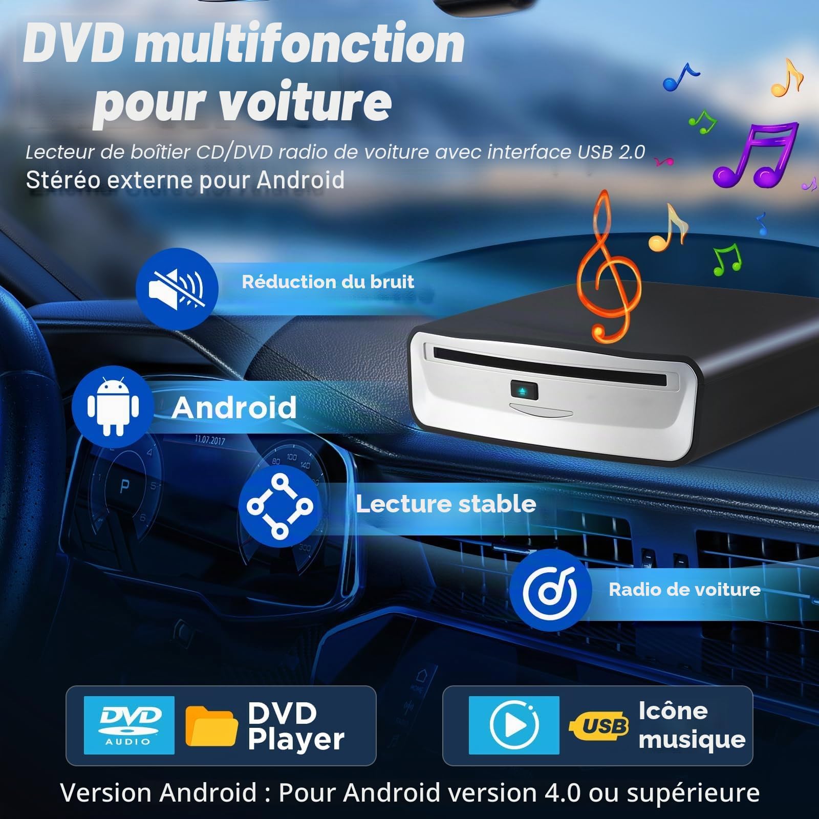 Lecteur CD DVD Externe USB pour Auto, Ordinateur, TV - Lecteur Optique Portable Plug & Play avec Connecteur USB 2.0 pour Autoradio, PC, Multimédia - Aucun Pilote Requis