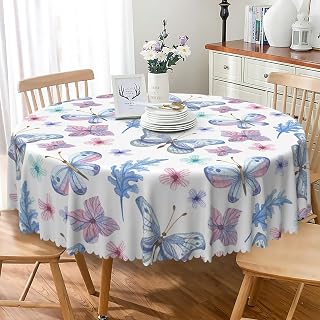 Butterfly Floral Round Tablecloth 70 Inch Watercolor Blue Pink Butterfly Flower Print Pattern Table Cloth Spill Proof Oil Proof Fabric Table Cover for Kitchen Dining Room Patio Home Decor