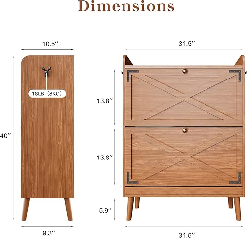 Miniatura 2 de Armario de almacenamiento de zapatos con 2 cajones abatibles, organizador de zapatos independiente con ganchos laterales, armario estrecho para