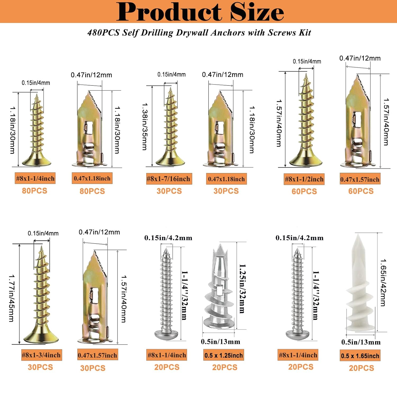 480 PCS Self Drilling Drywall Anchors Kit with Screws - 4 Sheetrock Anchors & 5 Screw Sizes (2025 Upgraded), No Drill Needed, Zinc Plated Steel and Plastic, Heavy Duty Wall Anchors