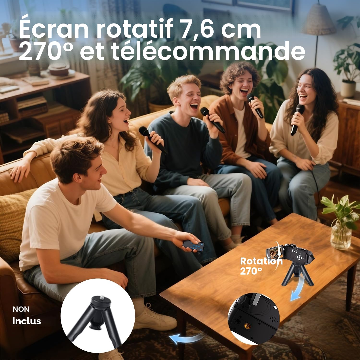Caméscope 4K 64MP Zoom Numérique 18X Camescope Numerique, 3" Écran Rotatif 270° Vlogging Camera avec Télécommande, Batterie et Carte SD 32Go