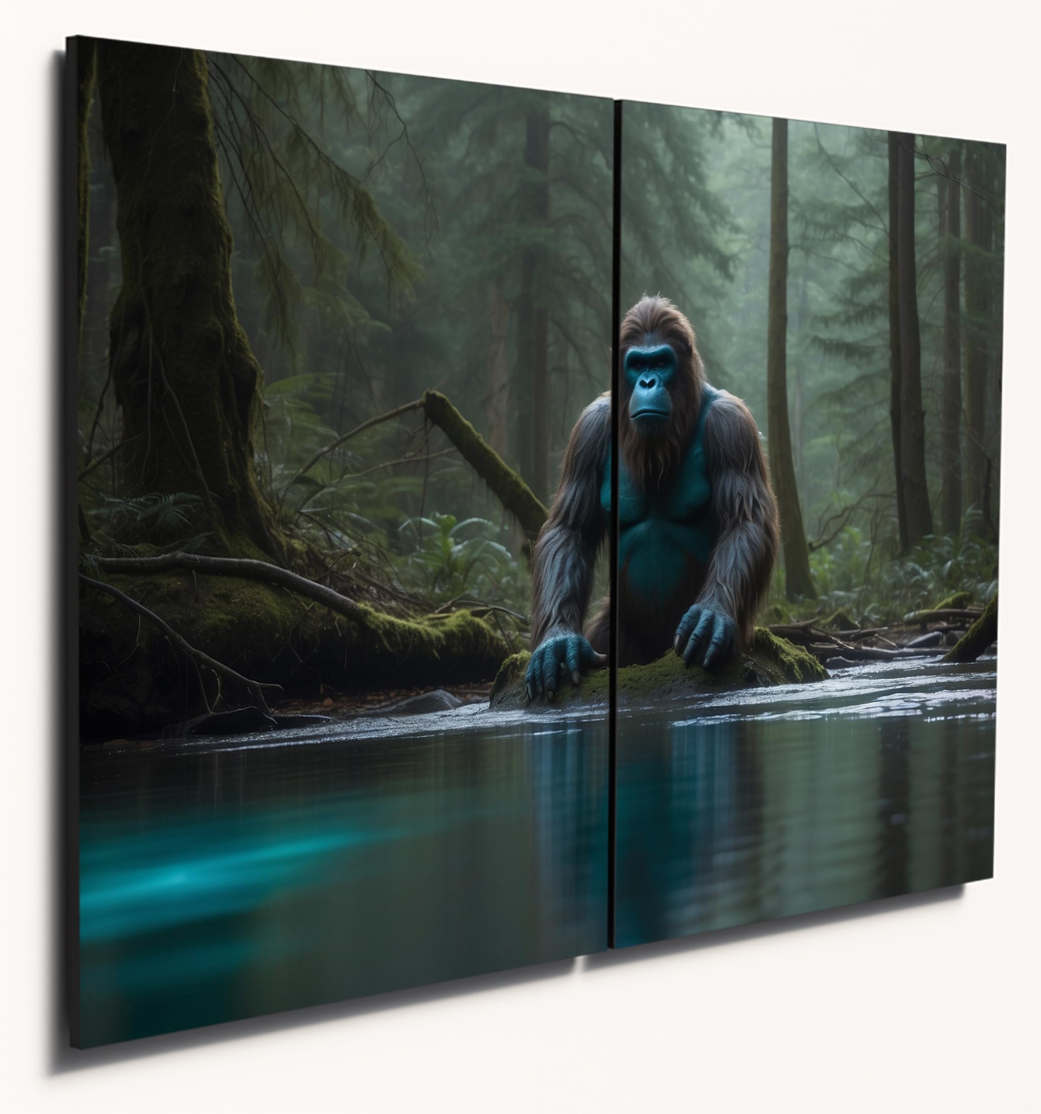 The Plum Penguin Bigfoot Enchanted Forest Wall Art - A4 Twin Set MDF Wood - Turquoise Twilight Scene Canvas Alternative 40 x 30cm