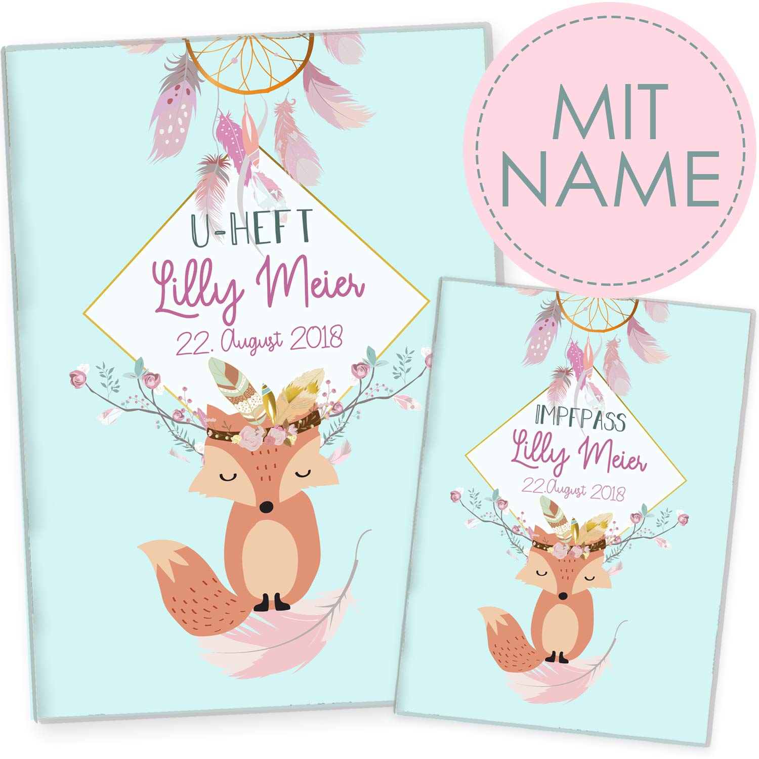 Cozy Racoon U-Heft- und Impfpasshülle mit Personalisierung | 3- teiliges Set | Hochwertige Hülle für Untersuchungsheft und Impfpass Deines Kindes | Design Boho Fuchs Blau