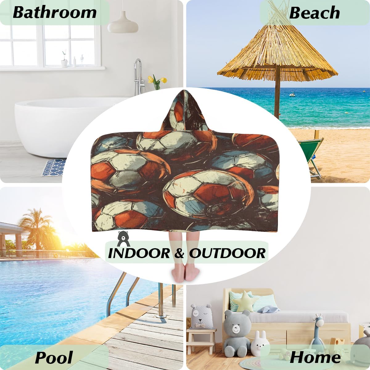 Pardick Kids Bath Towel for Boys Girls Retro Soccer Beach Towel with Hood Pool Cover Up Soft Absorbent Hooded Bath Towel Toddler Towels for Beach, Pool